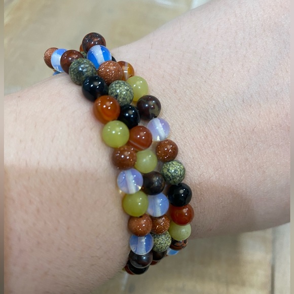 Multi color hard stone beaded intertwined bracelet stretch Opal onyx - Picture 10 of 10